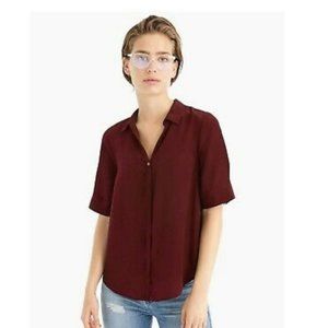 J. Crew Short Sleeve Button Up Silk Shirt in Burgundy/Red (Size M)